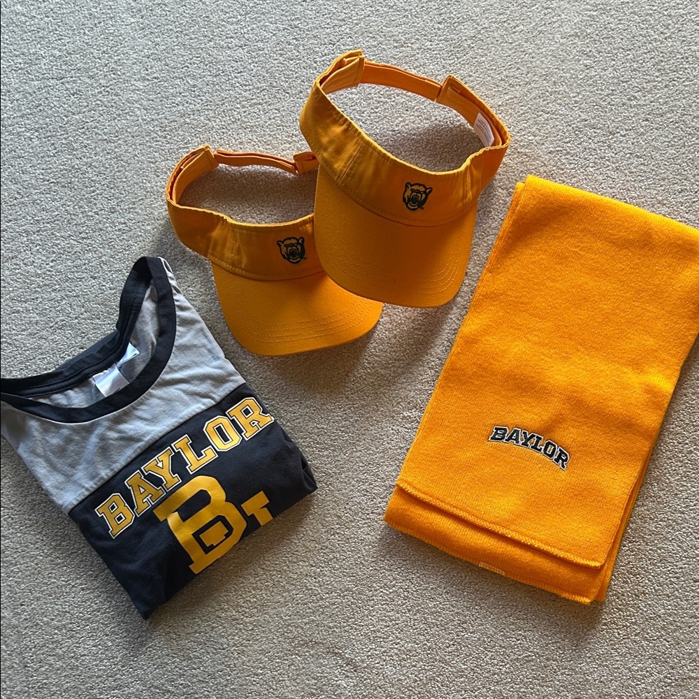 Baylor Yellow Visor Set, sleep shirt and thick neck scarf. NWOT